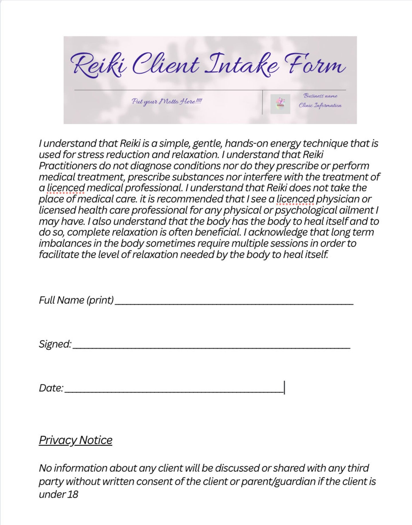 Reiki Forms Template